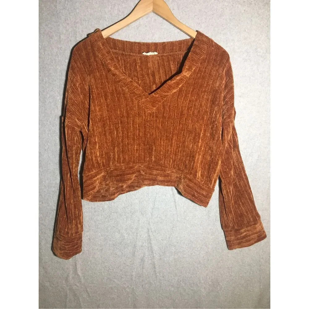 Womens Entro Cropped Sweater Orange Rust Color Crushed Velvet Texture Neutral